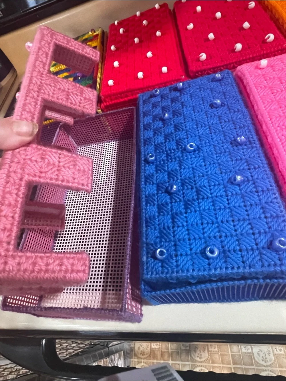 Vintage Hand Knitted Crochet Boxes Lot of 7 Various Size, Colour, Pattern